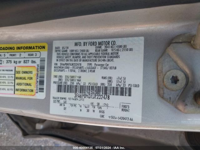 3FA6P0HDXJR232478 Ford FUSION SE