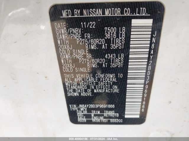 Nissan Armada Sl 4wd 2023 JN8AY2BD3P9691866 Image 9