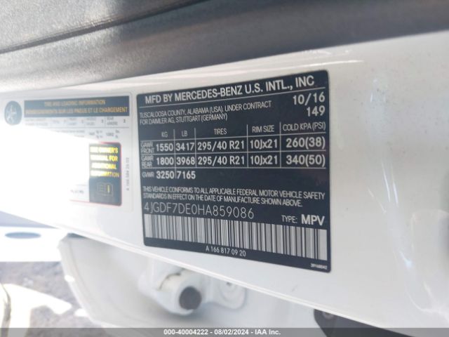 4JGDF7DE0HA859086 Mercedes-Benz Gls 550 4matic