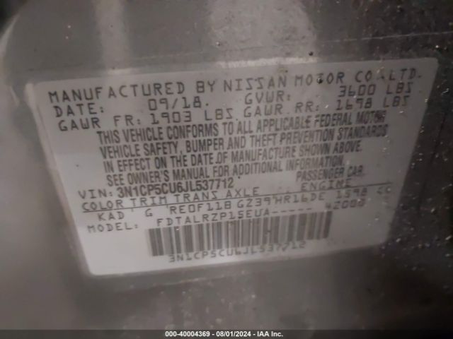 3N1CP5CU6JL537712 Nissan KICKS S