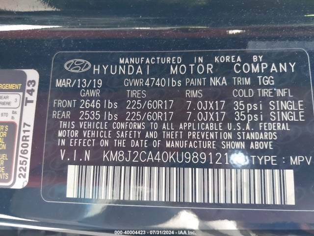 Hyundai TUCSON SE 2019 KM8J2CA40KU989121 Image 9
