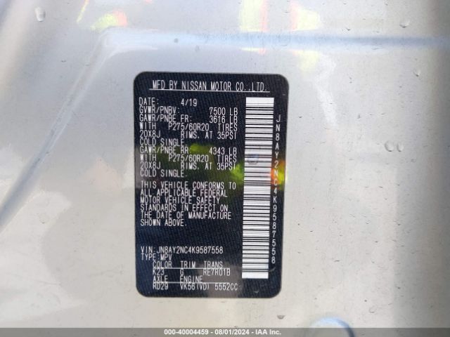 JN8AY2NC4K9587558 Nissan Armada Sl