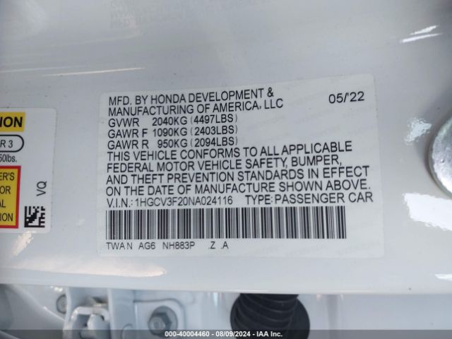 1HGCV3F20NA024116 Honda Accord Hybrid Sport