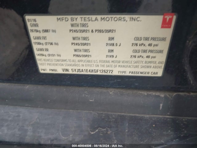 Tesla Model S 90d/p100d/p85d/p90d 2016 5YJSA1E4XGF126272 Image 9