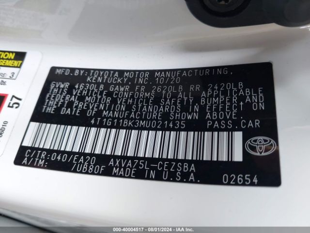 4T1G11BK3MU021435 Toyota Camry Se Awd