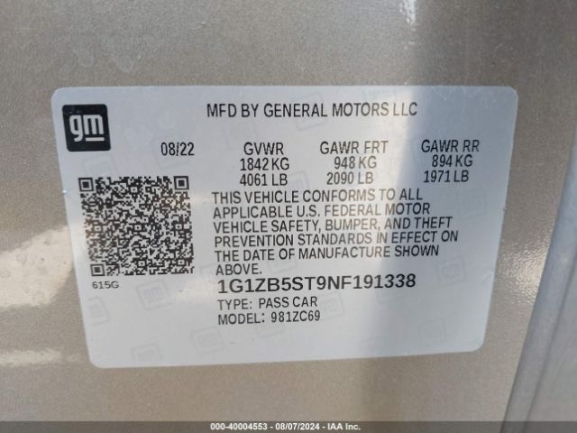 1G1ZB5ST9NF191338 Chevrolet Malibu Fwd Ls