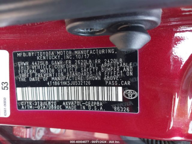4T1B61HK5JU532126 Toyota CAMRY XSE