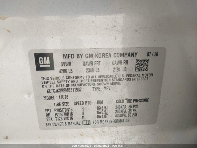 Chevrolet Trax Fwd Ls 2021 KL7CJKSB8MB311932 Image 9