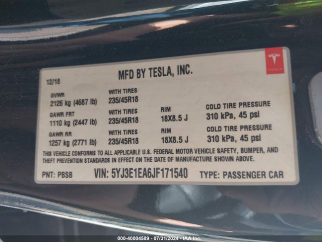 5YJ3E1EA6JF171540 Tesla Model 3 Long Range/mid Range