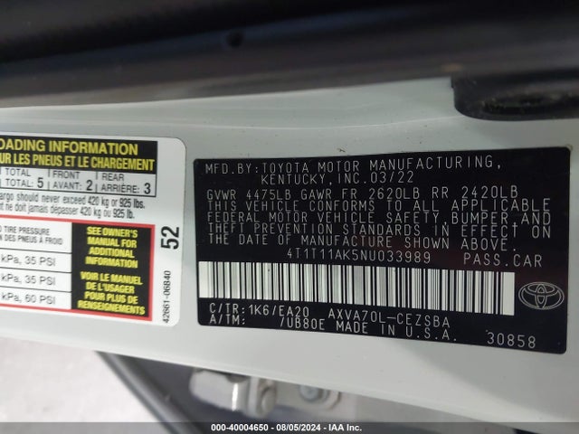 Toyota CAMRY SE 2022 4T1T11AK5NU033989 Image 9