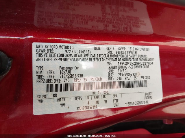 Ford FOCUS SE 2017 1FADP3K20HL327804 Image 9