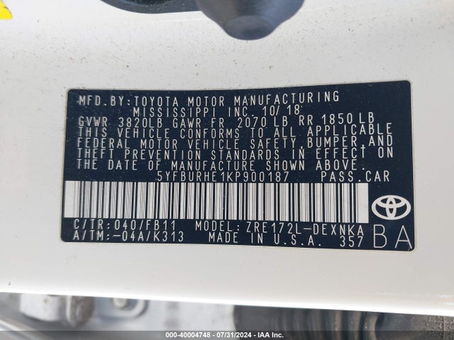 Toyota COROLLA LE 2019 5YFBURHE1KP900187 Image 9