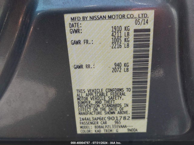 Nissan ALTIMA 2.5 2014 1N4AL3AP6EC901782 Image 9