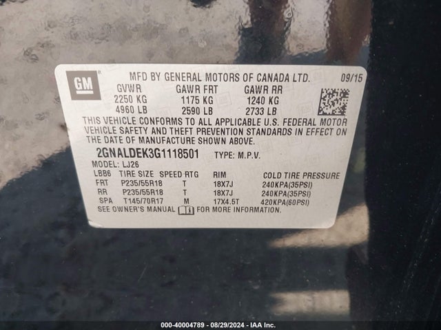 Chevrolet Equinox Ltz 2016 2GNALDEK3G1118501 Image 9