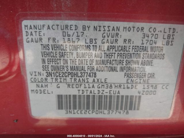 3N1CE2CP0HL377478 Nissan Versa Note Sv