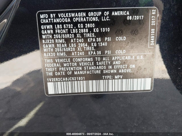 1V2ER2CA6JC521931 Volkswagen Atlas 3.6l V6 Sel