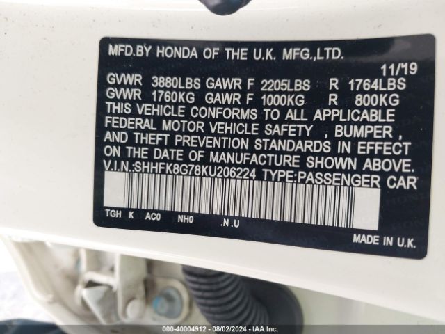 SHHFK8G78KU206224 Honda Civic Type R Touring