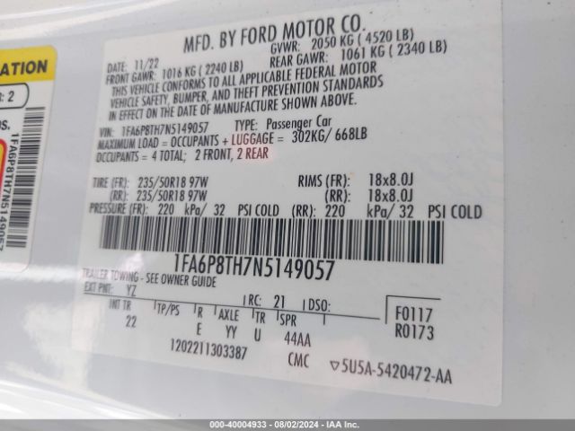 1FA6P8TH7N5149057 Ford Mustang Ecoboost Fastback