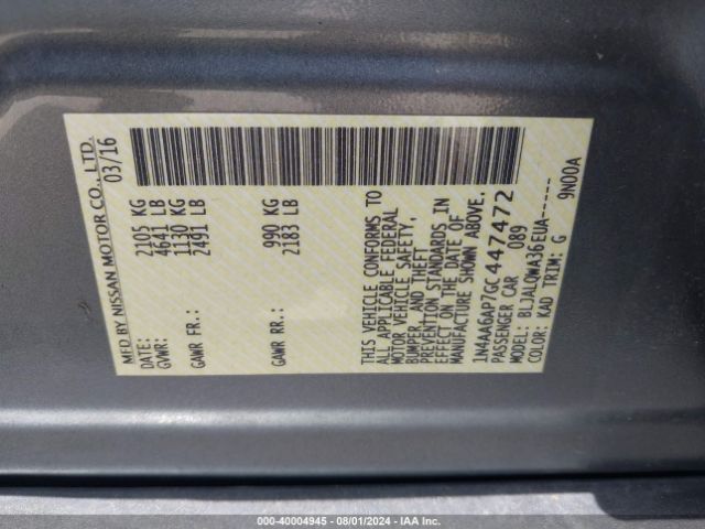 1N4AA6AP7GC447472 Nissan Maxima 3.5 Platinum/3.5 S/3.5 Sl/3.5 Sr/3.5 Sv