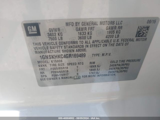 1GNSKHKC4GR169489 Chevrolet Suburban Lt