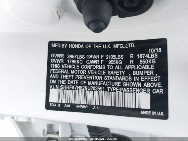 SHHFK7H82KU202591 Honda Civic Ex-l