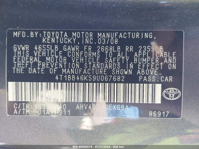 2009 Toyota Camry Hybrid მანქანა იყიდება აუქციონზე, vin: 4T1BB46K59U067682, აუქციონის ნომერი: 40005015