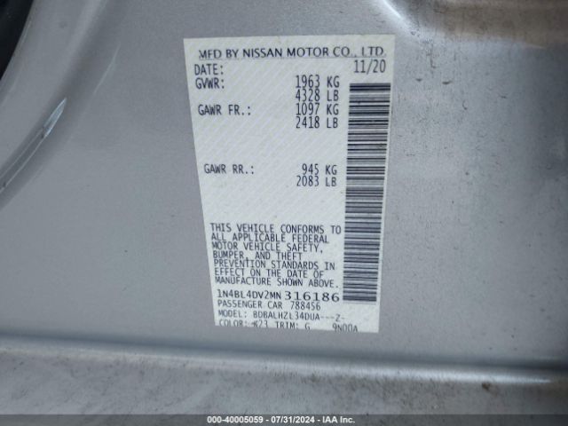 1N4BL4DV2MN316186 Nissan Altima Sv Fwd