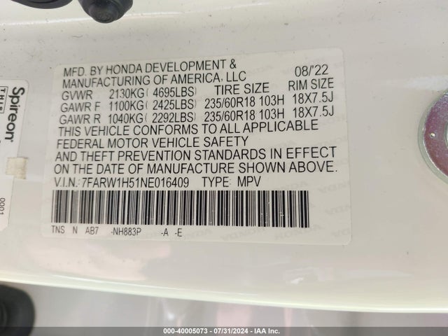 Honda Cr-v 2wd Ex 2022 7FARW1H51NE016409 Image 9