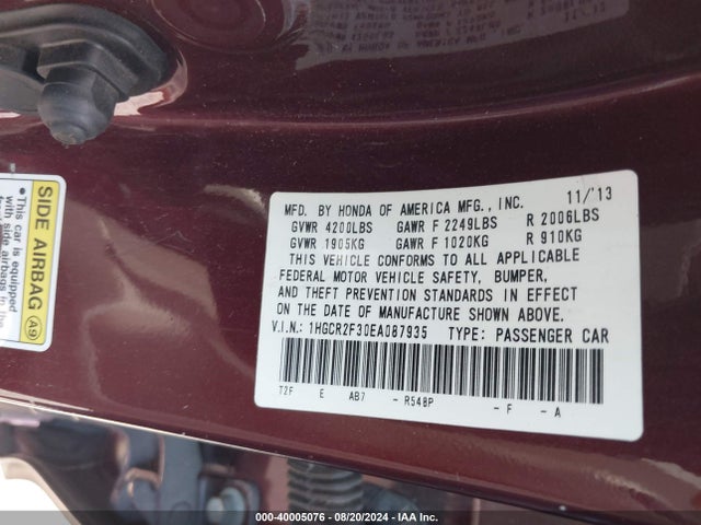 Aukcja sprzedaży 2014 Honda Accord Lx, vin: 1HGCR2F30EA087935, numer aukcji: 40005076