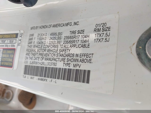 Honda Cr-v 2wd Lx 2020 5J6RW1H26LL003760 Image 9