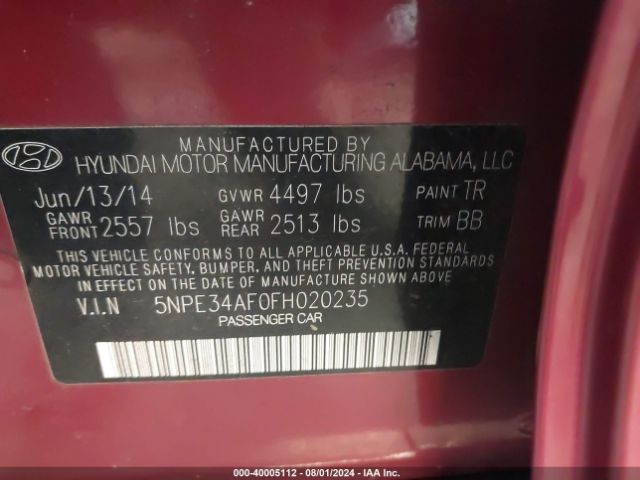 5NPE34AF0FH020235 Hyundai Sonata Sport