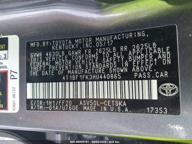 Toyota CAMRY SE 2017 4T1BF1FK3HU440865 Image 9
