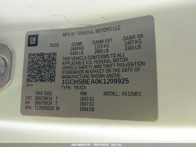 1GCHSBEA0K1209925 Chevrolet Colorado Wt