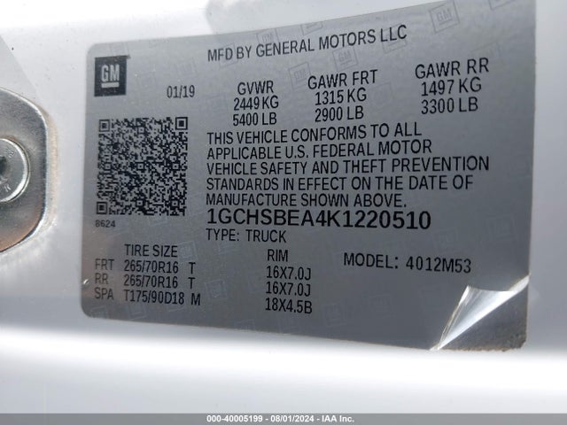 Chevrolet Colorado Wt 2019 1GCHSBEA4K1220510 Image 9