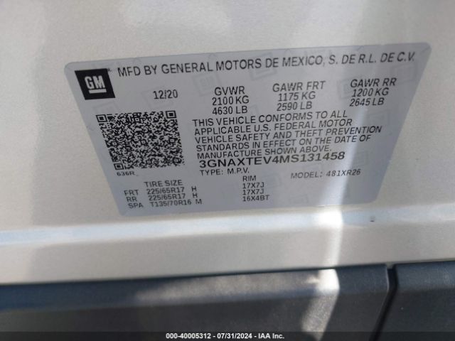 3GNAXTEV4MS131458 Chevrolet Equinox Awd 2fl