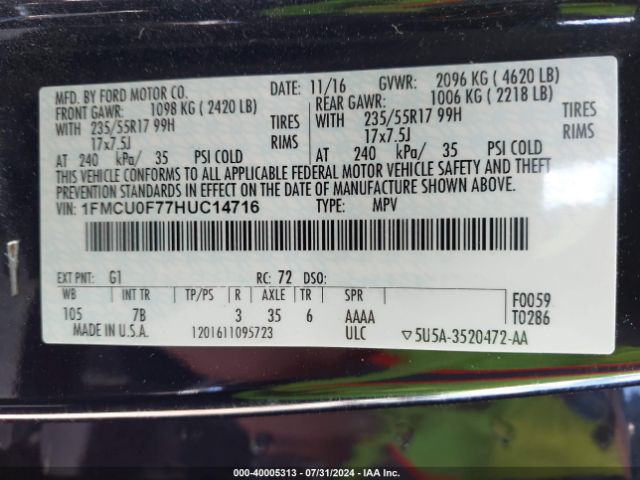 1FMCU0F77HUC14716 Ford ESCAPE S