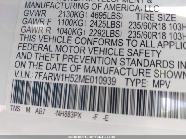 7FARW1H52ME010939 Honda Cr-v 2wd Ex