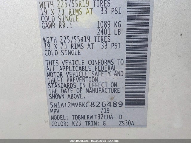 Nissan Rogue Sl 2019 5N1AT2MV8KC826489 Image 9