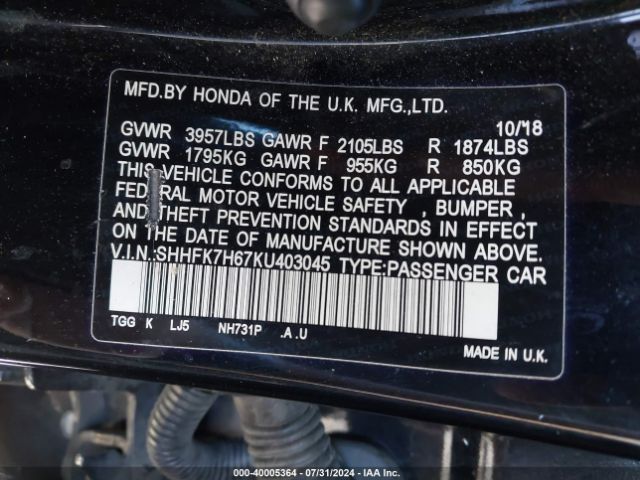 SHHFK7H67KU403045 Honda CIVIC EX