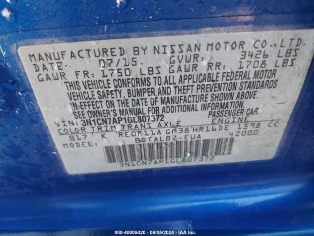 3N1CN7AP1GL807372 Nissan Versa 1.6 S/1.6 S+/1.6 Sl/1.6 Sv