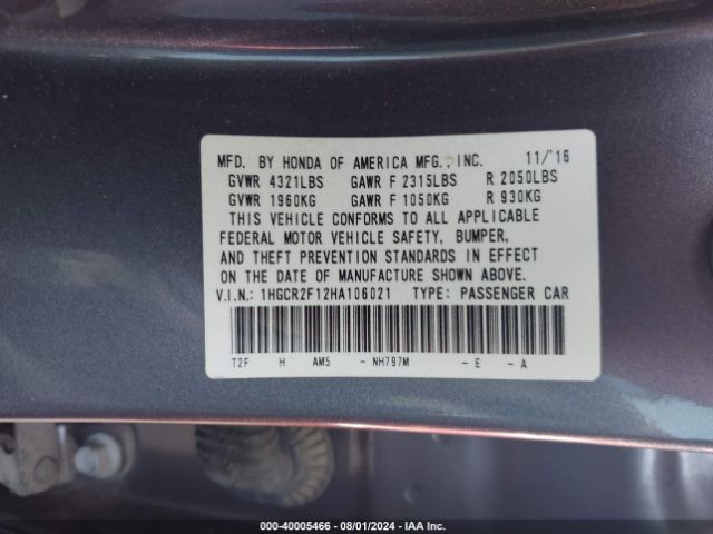 1HGCR2F12HA106021 Honda Accord Sport Se