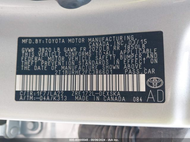 2T1BURHE2FC386601 Toyota Corolla S Premium