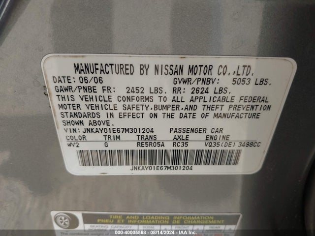 40005568 :رقم المزاد ، JNKAY01E67M301204 vin ، 2007 Infiniti M35 مزاد بيع