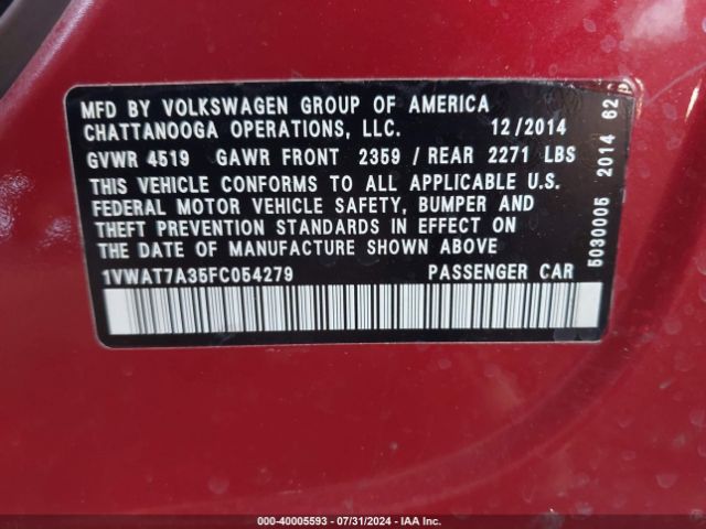 1VWAT7A35FC054279 Volkswagen Passat 1.8t Wolfsburg Edition