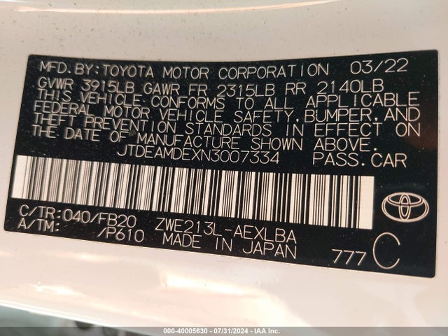 Toyota Corolla Hybrid Le 2022 JTDEAMDEXN3007334 Image 9