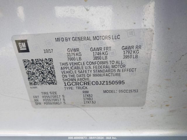 1GCRCREC0JZ150595 Chevrolet Silverado 1500 Lt