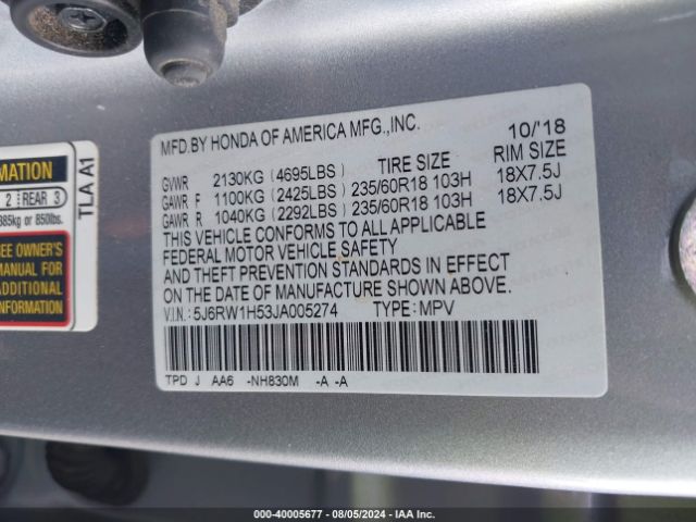 5J6RW1H53JA005274 Honda CR-V EX