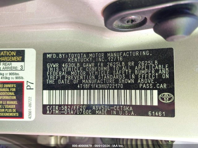 Toyota CAMRY SE 2017 4T1BF1FK9HU722170 Image 9