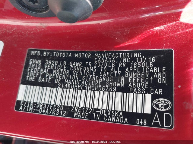 Toyota COROLLA SE 2017 2T1BURHE1HC806769 Image 9