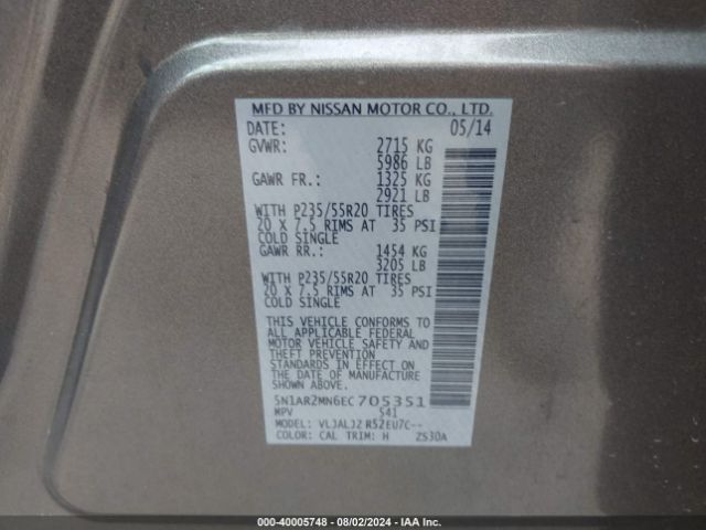 5N1AR2MN6EC705351 Nissan Pathfinder Platinum